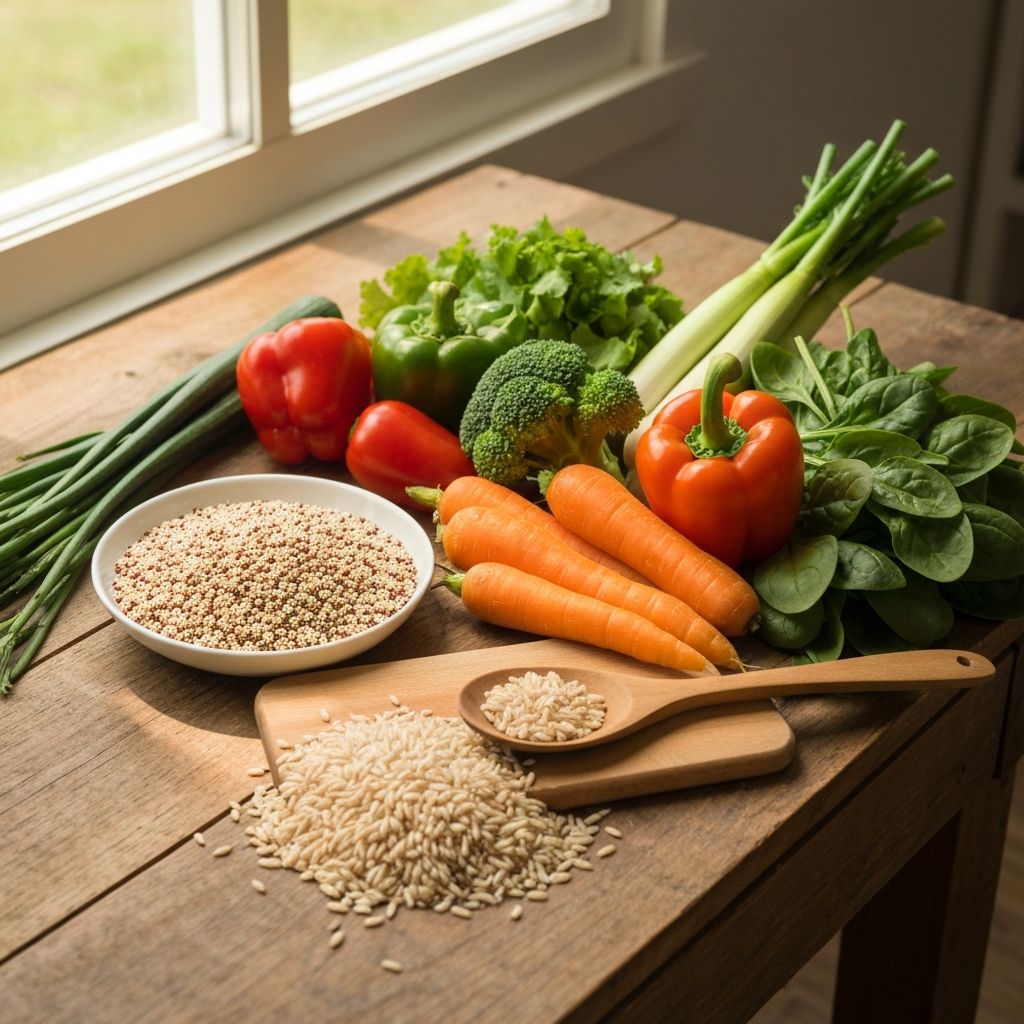 Healthy meal preparation with fresh vegetables and whole grains